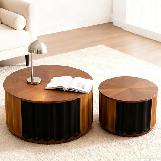 Round Nesting Coffee Table Set of 2, Round Fluted Coffee Tables with Storage for Living Room Modern Nesting End Side Tables for Small Spaces (A Storage Light Brown)