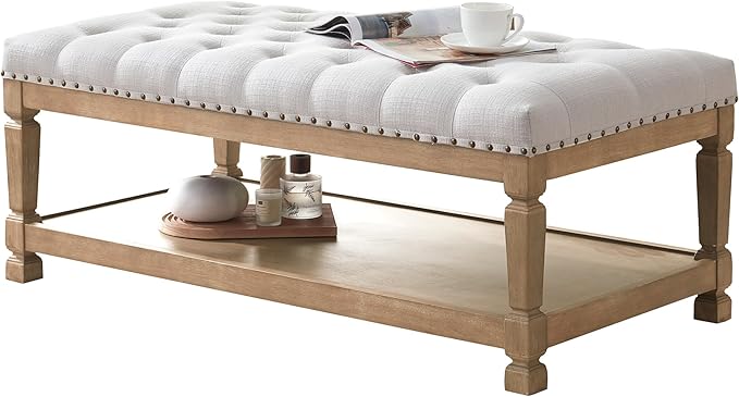 48" Coffee Tables for Living Room, Oversized Storage Ottoman Coffee Table, Fabric Tufted Ottomans, Upholstered Storage Ottoman Bench for Bedroom, Entryway (Beige)