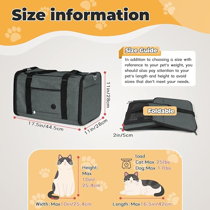 YUDODO 25 lbs Lightproof Soft Sided Pet Carrier for Large Cat & Small Dog Airline Approved Travel Puppy Carrier with Side Pockets & Reflective Mesh, Foldable Portable for Outdoor Car Grey Green
