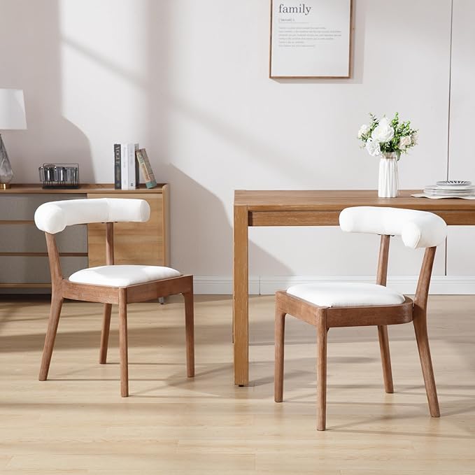 Kmax Dining Room Chairs Mid-Century Modern Fabric Kitchen Chairs with Natural Walnut Finished Frame, Linen Curved Back, Set of 2, White