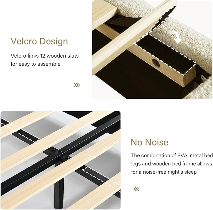 BarnFurin Boucle Upholstered California King Bed Frame/Soft Rounded Corners Headboard/Low Profile Bed Frame/No Box Spring Needed/Cream