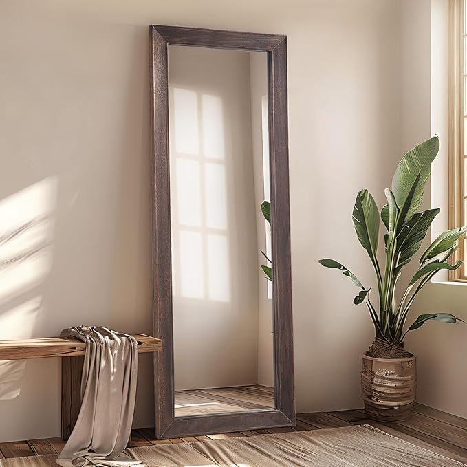 MELOMOIR Rustic Farmhouse Full Length Mirror, 64"x21" Wood Frame Floor Mirror, Free Standing Leaning Hanging, Long Mirror for Bedroom Living Room Cloakroom, Charcoal-Grilled Brown