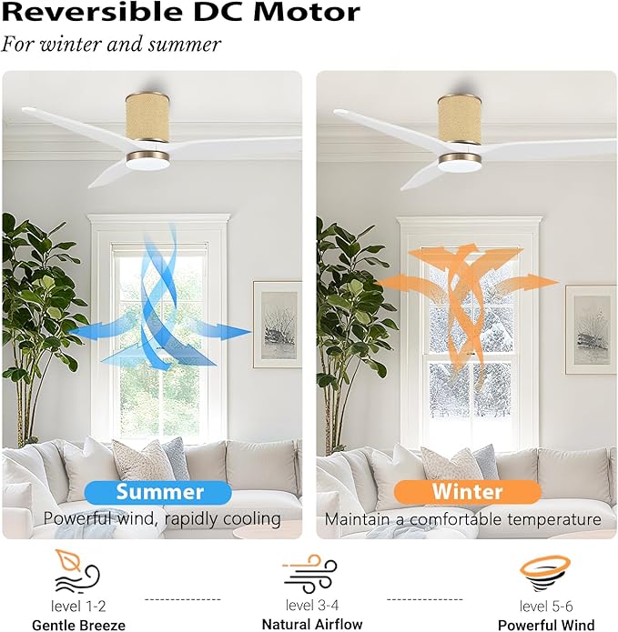 52" Ceiling Fan with Light - Low Profile Flush Mount Ceiling Fan, 6-Speed Remote Control, Solid Wood, Quiet Reversible DC Motor, Boho Style, for Bedroom, Living Room, Porch White/Gold