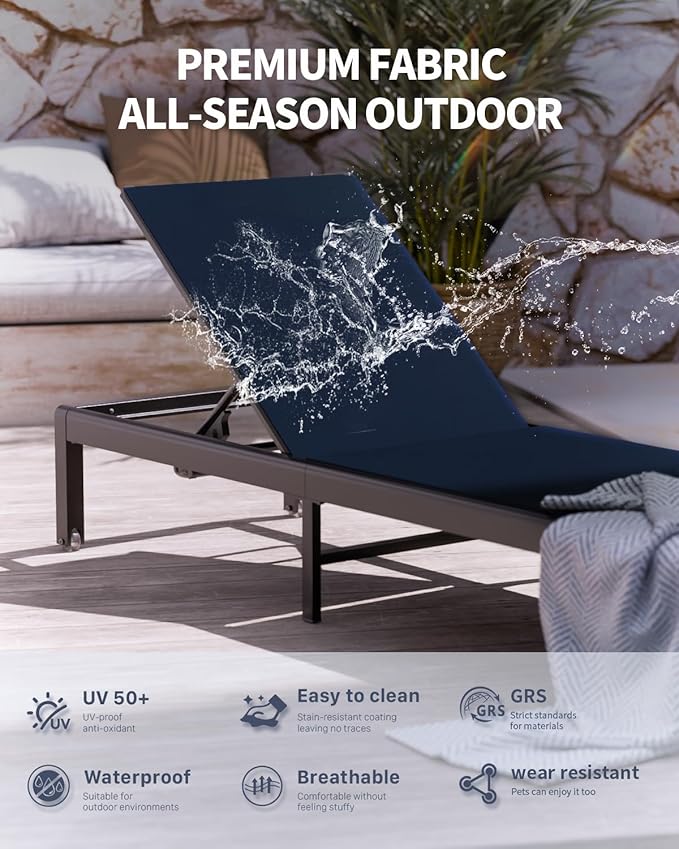 Aluminum Lounge Chairs Outdoor Chaise Furniture,2 Sets Patio Metal Deck Lounger Adjustable 5-Position Poolside Chase Recliner with Wheels for Beach,Coffee Table, (NavyBlue, 2 Chair)