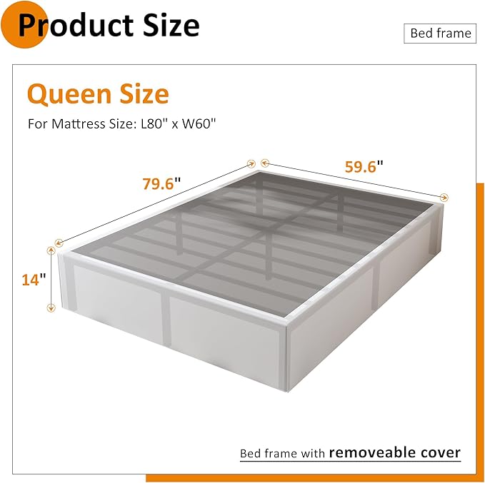 Bed Frame Queen Size with White Fabric Cover 14 Inch, Heavy Duty Metal Queen Bed Frame, No Box Spring Needed, Support Up to 3000 lbs, Easy Assembly, Noise Free, Black