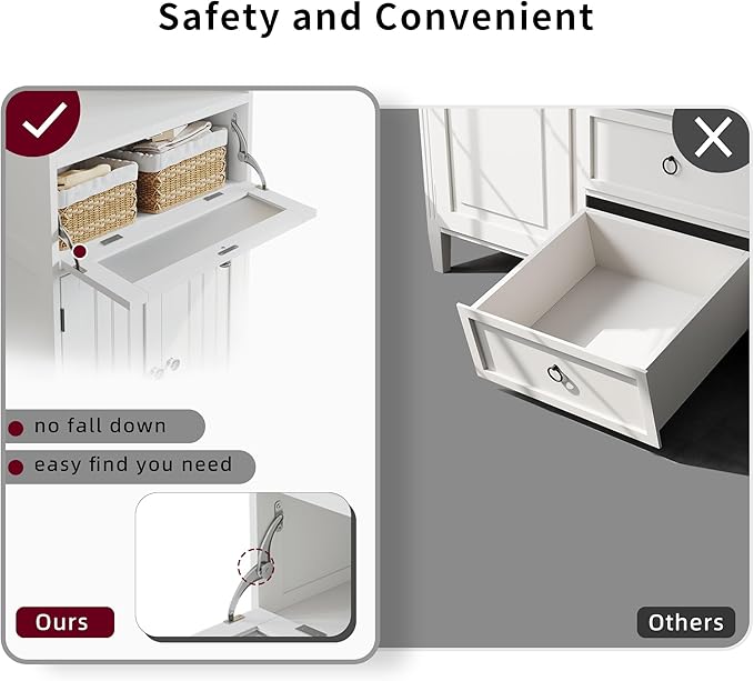 ChooChoo Bathroom Floor Storage Cabinet with Flip Glass Drawer, Freestanding with 2 Doors, Adjustable Shelf & Open Storage for Living Room, Hallway, White