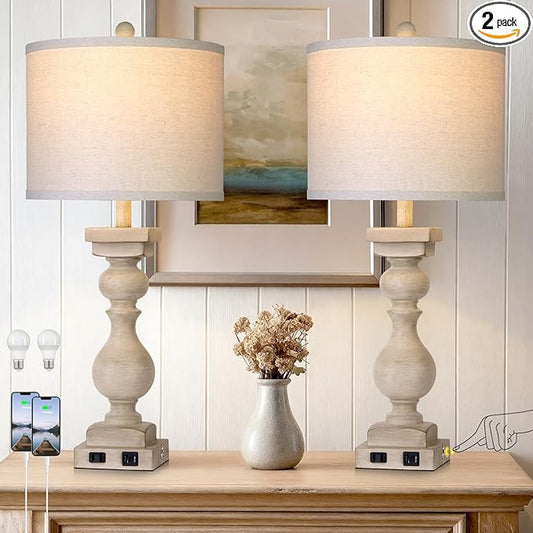 28" Tall Farmhouse Table Lamps Set of 2 with USB C+A Ports and AC Outlet, 3 Way Touch Tall Rustic Bedside Lamps for Living Room, Beige Vintage Lamps for Bedroom
