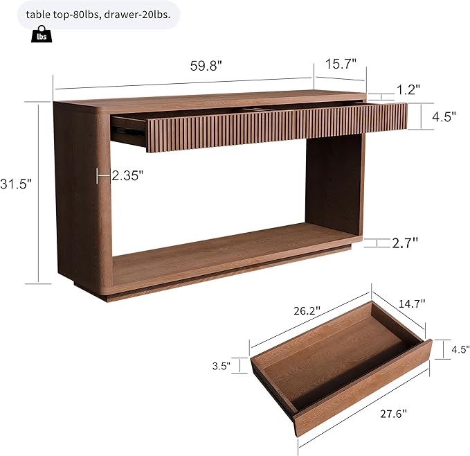 59.8”Rectangular Rustic Fluted Console Table with 2 Drawers,Solid Wood Entry Table Hallway Table, Modern Farmhouse Narrow Sofa Table for Foyer Living Room,Bedroom,Apartments-Walnut
