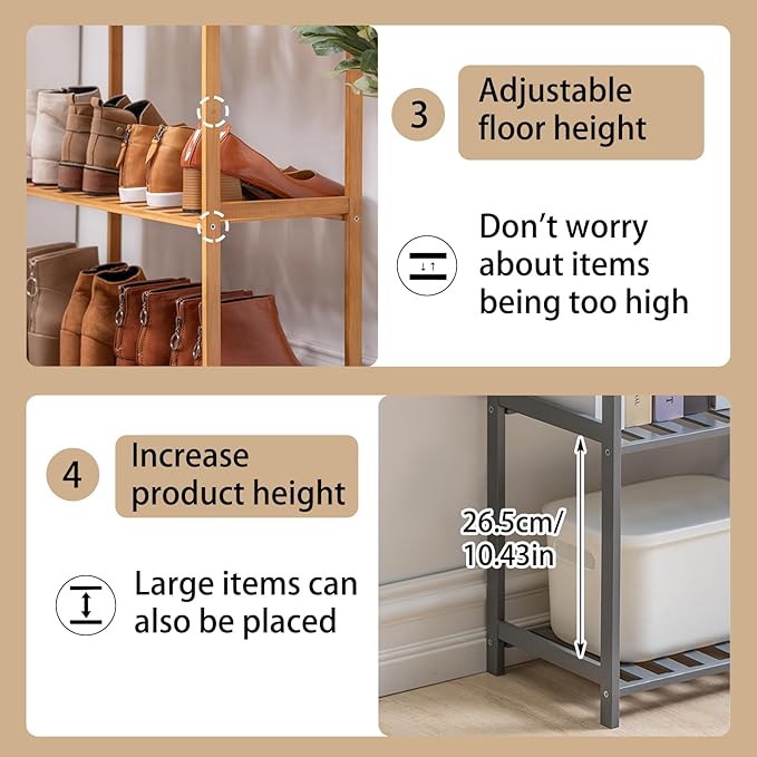 Bamboo Shelf, 4-Tier Bookcase Storage Shelves, Small Book Rack Shelving Unit, Multipurpose Storage Display Shelf for Bathroom Kitchen Living Room Office, 25W x 35D x 100H (4-Tier Grey)