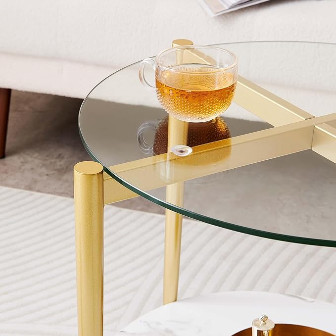 Round Glass End Table, Mid-Century Modern Design Sofa Table for Living Room, D18 x H23 in, 2-Tier Structure, Clear Glass Top and White Marble Shelf, Sleek Conical Legs with Gold Finish Frame