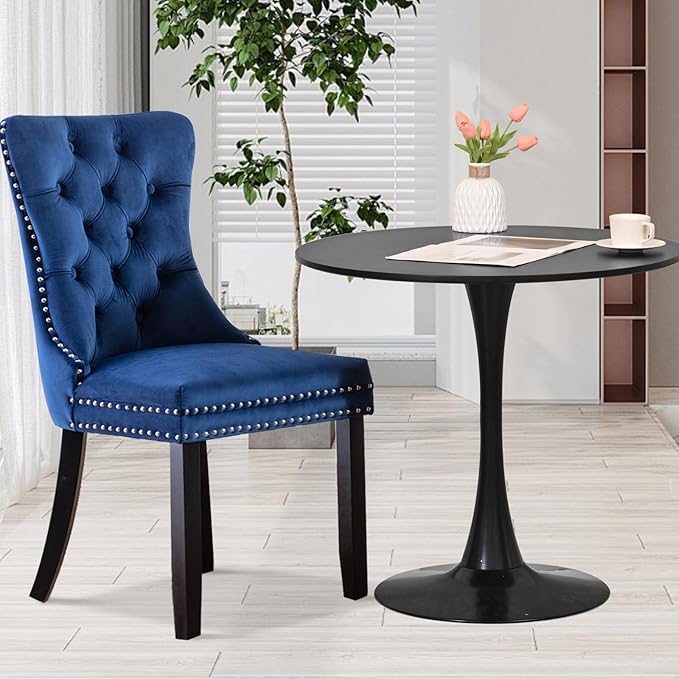 SoarFlash Kitchen Table and Chairs for 2, 31.5" Dining Table Set for 2 with Velvet Upholstered Chairs, 3 Piece Round Kitchen Table Set, Dining Room Table Set for Small Space, Apartment, Blue/Black