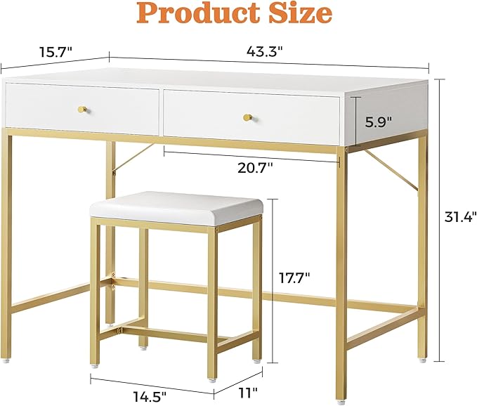 SUPERJARE 43-inch Modern White & Gold Desk - 2 Drawer Vanity, Computer & Home Office Study Desk for Writing & Bedroom
