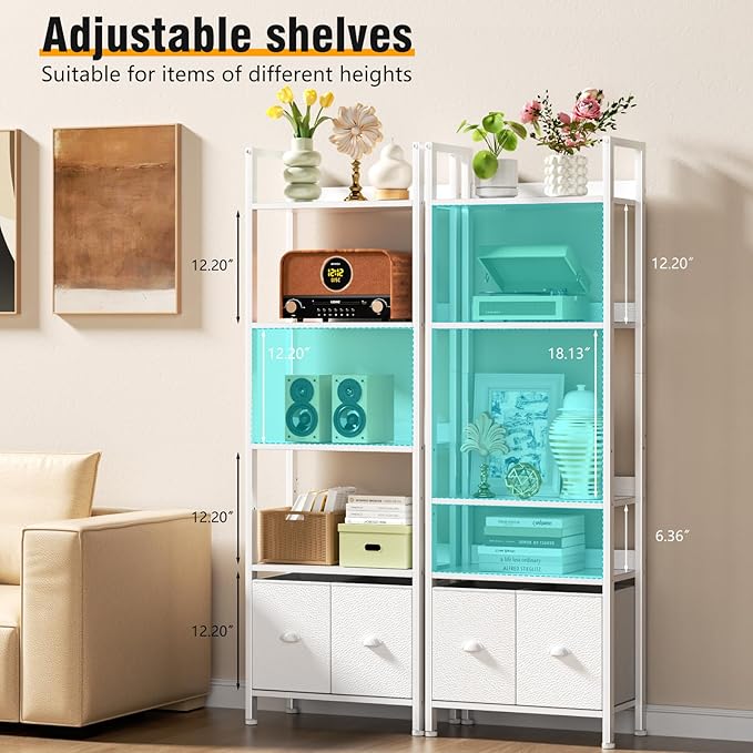 Furologee 5 Tier Bookshelf with Drawers, White Tall Bookcase with Shelves, Wood and Metal Bookshelves Storage Organizer, Modern Display Free Standing Shelf Unit for Bedroom, Living Room, Office