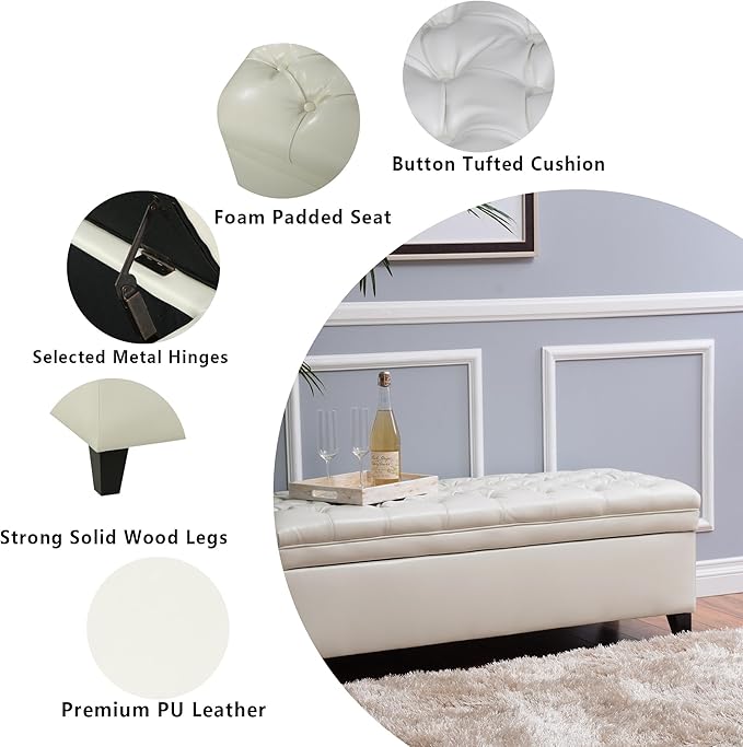Setawix PU Leather Storage Bench for Bedroom, Living Room, Entryway, 50"W x 18.3"H, Ivory, Wood Legs