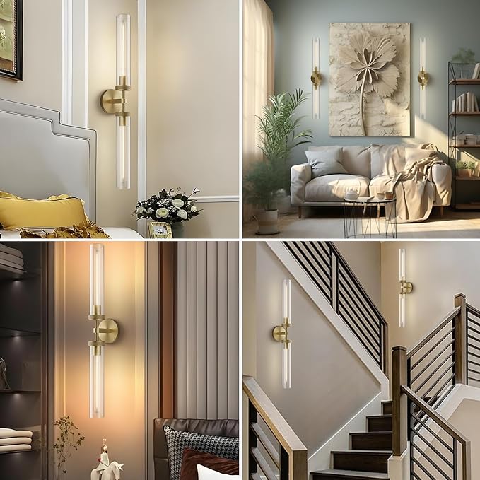 Brass Wall Sconces, 30in Gold 2-Light Double Glass Sconces Wall Lighting, Bathroom Knurled Vanity Light Sconces, Wall Lights for Living Room Bedroom（Including Bulb）