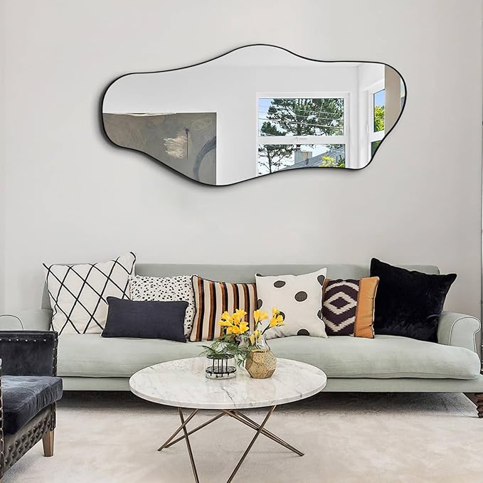 Large Irregular Mirror, 55"x25.6" Asymmetrical Wall Mirror with Metal Frame, Modern Abstract Mirrors for Living Room Bathroom Bedroom Hallway Entryway Fireplace, Cloud Shaped