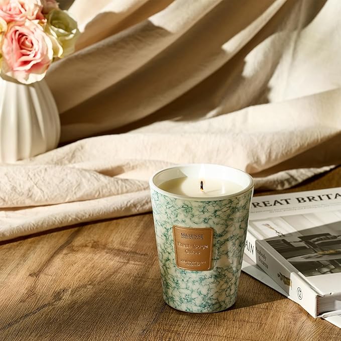 M&SENSE Fresh Sage Citrus Scented Soy Candle, 3 Wick Highly Scented 14.1 Oz 80H, Aromatherapy Christmas Gift for Women and Men