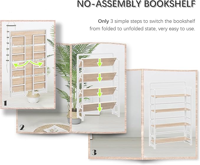 4NM No Assembly Extra Wide 4 Tiers Folding Bookshelf Storage Shelves Vintage Bookcase Standing Racks Study Organizer Home Office (Natural White)