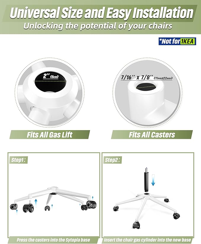 Sytopia 24'' (60 cm) Swivel Chair Base Replacement, Heavy Duty Metal Base (2600 lbs), Fits Most Office Chairs, Compatible with Universal Casters and Gas Cylinders, Shell White