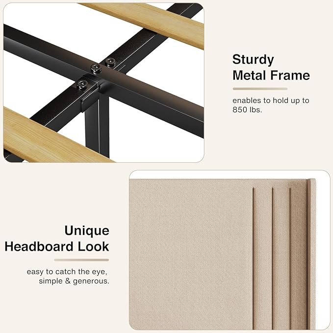 Gizoon Full Bed Frame with Wingback Headboard, Upholstered Platform Bed with Modern Geometric Headboard, Wooden Slats, Noise-Free, No Box Spring Needed