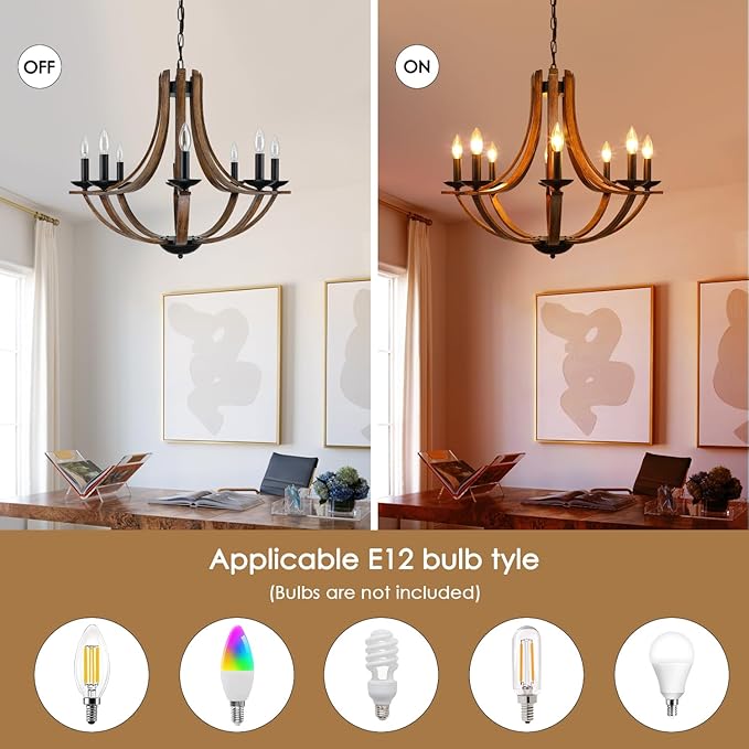 Rustic Farmhouse Dining Room Chandelier Light Fixture, 8-Light 28" Adjustable Chandelier for Kitchen Island, Living Room, Foyer, Staircase, Restaurant, Showroom, Villa, Faux Walnut