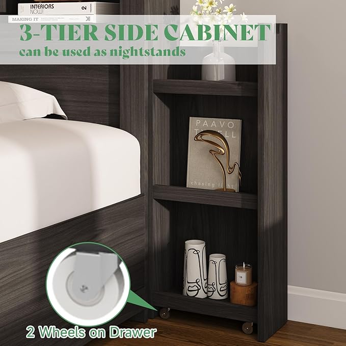 AMERLIFE King Size Bed Frame with 4 Storage Drawers, LED Bed Frame with 49.6" Tall Bookcase Headboard, Wood Platform Bed with Charging Station & 2 Slide Bedside Shelf, No Box Spring Needed/Black