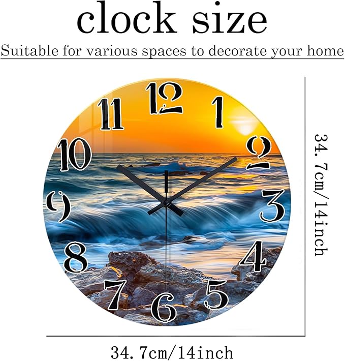 Blue Wall Clocks Battery Operated 14 Inch Beach Wall Clock for Bedroom Glass Wall Clock Silent Non Ticking