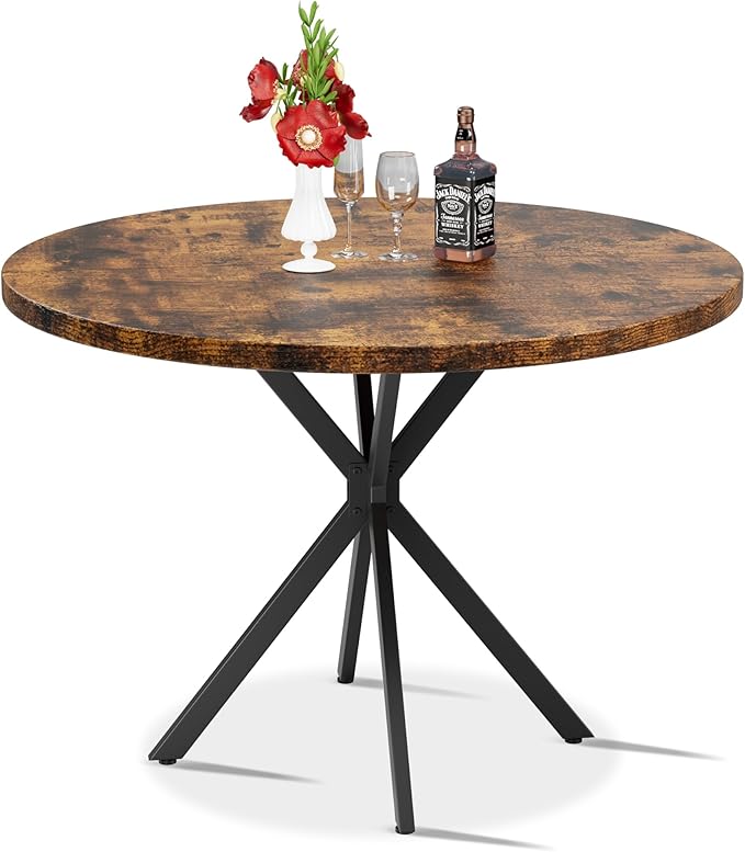 Round Dining Table: 39" Modern Brown Table with Black X Base for 4-5 People, Perfect for Small Spaces & Apartments