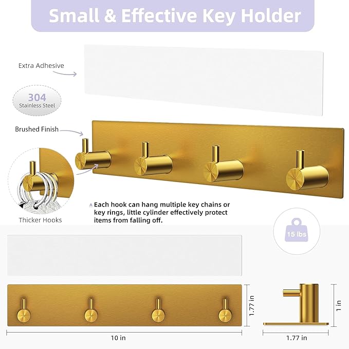 VIS'V Key Holder Wall Mount, Large Metal Self Adhesive Key Hanger with 4 Hooks, No Drilling, Extra Adhesive Strip, Gold
