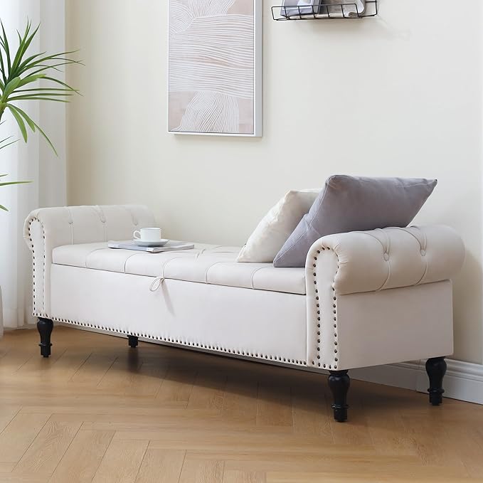 Velvet Storage Bench 67 Inch Upholstered Tufted Ottoman Bench with Arms Large Storage Space King Size End of Bed Benches for Bedroom Living Room Entryway Beige