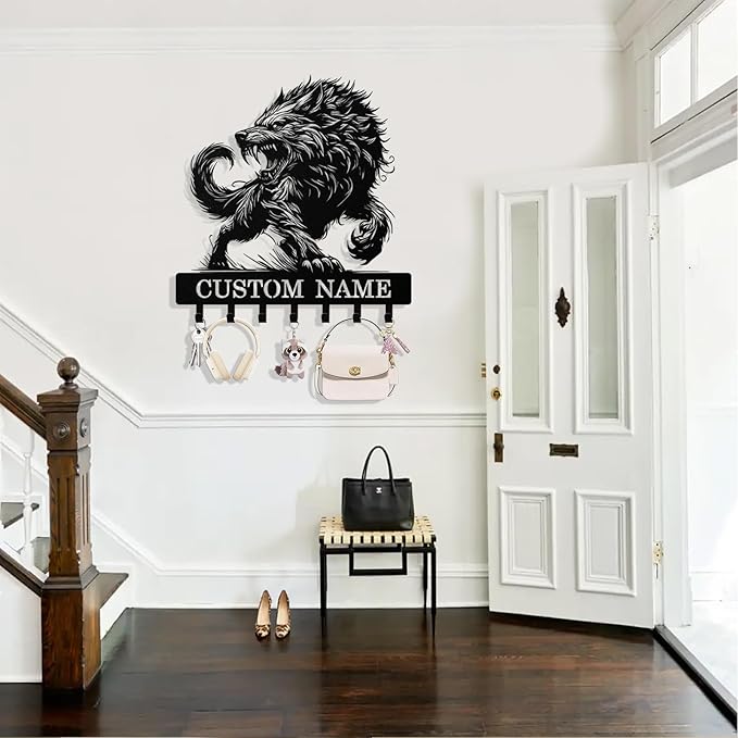 Personalized Wolf Key Holder Wall Mount, Custom Metal Keys Hanger for Wall with Name, Custom Key Rack Holder with Hooks for Home, Entryway, Front Door, Living Room, Kitchen, Bathroom