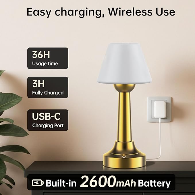 Cordless Table Lamp, Rechargeable Touch LED Lamp with 3 Color Temps & Stepless Dimming, Portable Battery Operated Light for Bathroom, Shower, Bedroom, Patio, Indoor/Outdoor Use, IP65 Waterproof