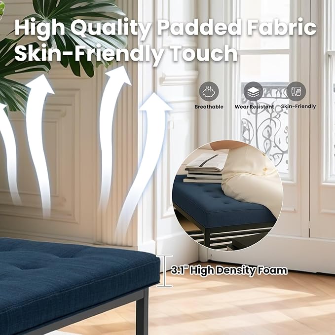 Ottoman Coffee Table with Upholstered Tufted Linen Fabric, Square Center Table with Storage Large Footrest Ottoman for Living Room Navy Blue