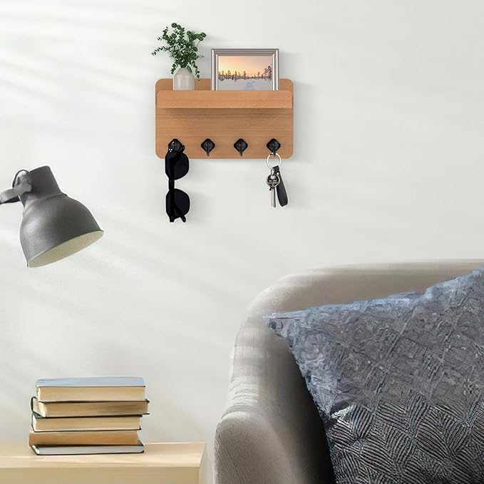 Nekon Key Holder Wall Mount, 8.5 Inch Small Home Decor Wooden Wall Organizer with 4 Hooks and Shelf, Key and Mail Holder for Living Room Entryway Kitchen (Wood)