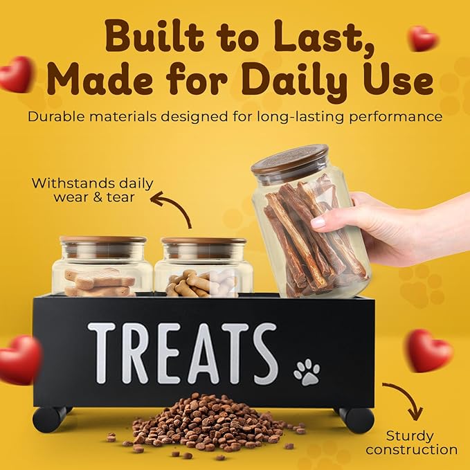 Dog Treat Container - Includes 3 Treat Jar, 1 Treat Bag, Wooden Pet Treat Container, Storage Basket For Pets, Dog Treat Station, with Reusable Sticker & Marker