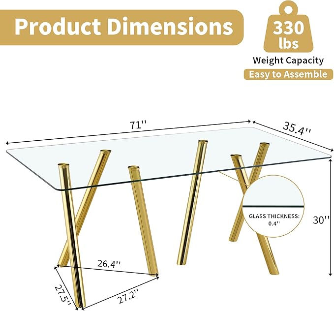 LKTART 71" Rectangular Dining Table for 6-8, Gold Dining Table with Tempered Glass Tabletop & Metal Legs, Large Glass Dinner Table for Home Kitchen