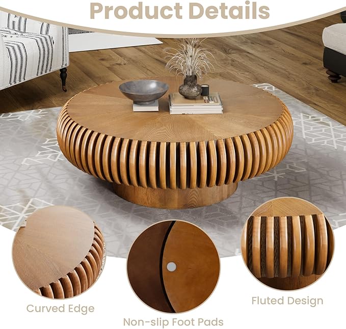 Round Fluted Coffee Table Modern Handcraft Drum Coffee Table with Sturdy Pedestal 31.5" Farmhouse Center Table Tea Table for Living Room, Reception Room, Entertainment Room (Brown 31.5")
