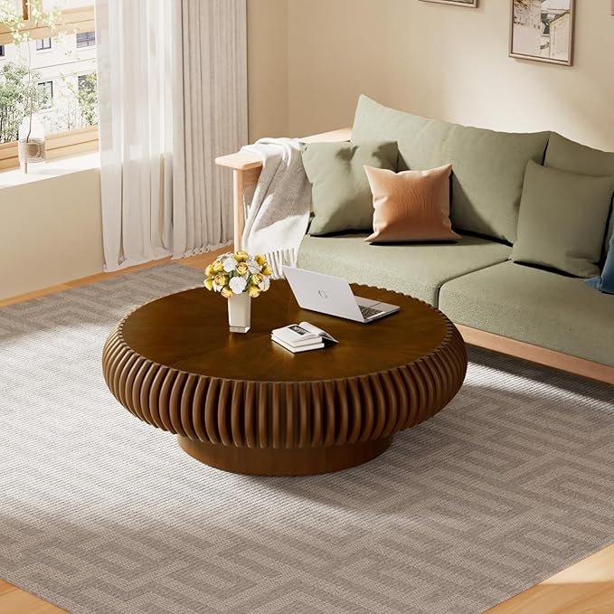Round Fluted Coffee Table Modern Handcraft Drum Coffee Table with Sturdy Pedestal 39.37" Farmhouse Center Table Tea Table for Living Room, Reception Room, Entertainment Room (Walnut 39.37")