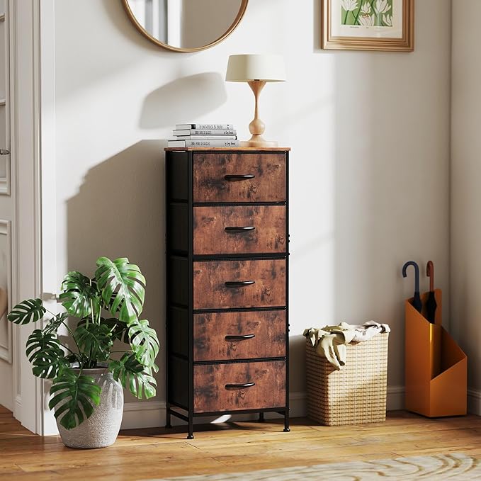 DUMOS Nightstand with 5 Drawers Bedside Table with Removable Fabric Bins Sturdy Steel Frame Wood Top Organizer Furniture for Bedroom Closet Living Room, Brown