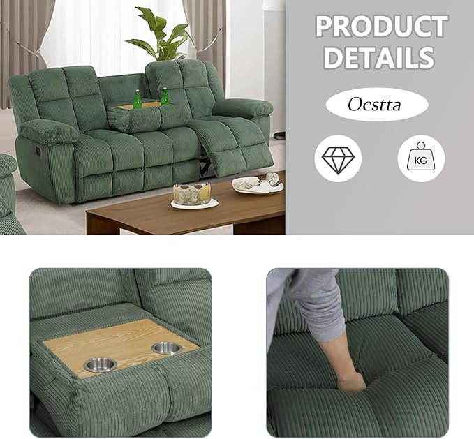 Manual Recliner Sofa Set,Corduroy Reclining Couch Set,Modern Living Room Furniture Set,Reclining Sofa Couch Chair for Living Room Home Office(Green,3 Pieces Set)
