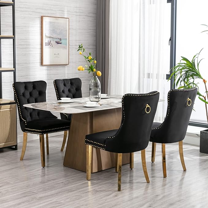 Luxury Upholstered Dining Chairs Set of 6, Black Kitchen Chair with Golden Metal Legs, Velvet Tufted Back Dining Chair, Sillas de Comedor, Modern Kitchen & Dining Room Chairs (Black, 6 Pcs)