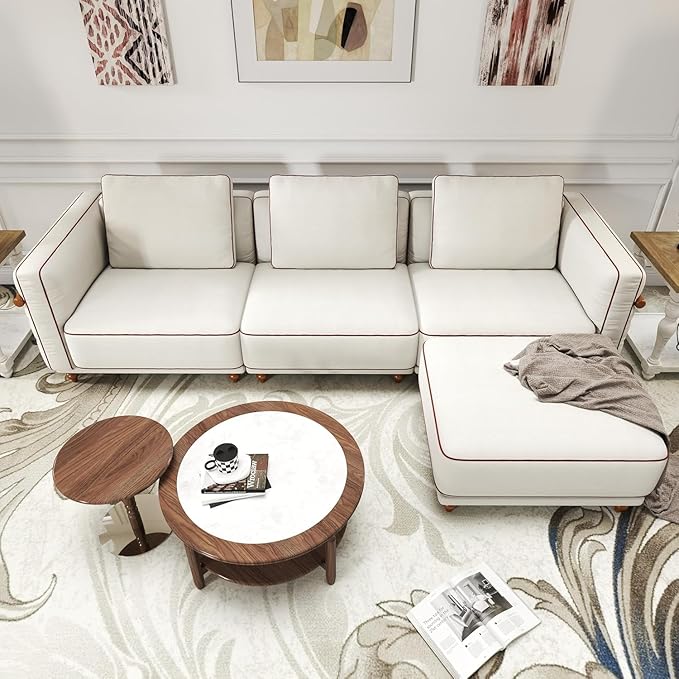 121.25" Modular Luxury Cloud Sectional Sofa with Ottoman, 70% Down-Filled Cushions, Removable Washable Ultra-Soft Linen Cover, Extra-Deep Seating, Solid Wood Armrests for Living Room