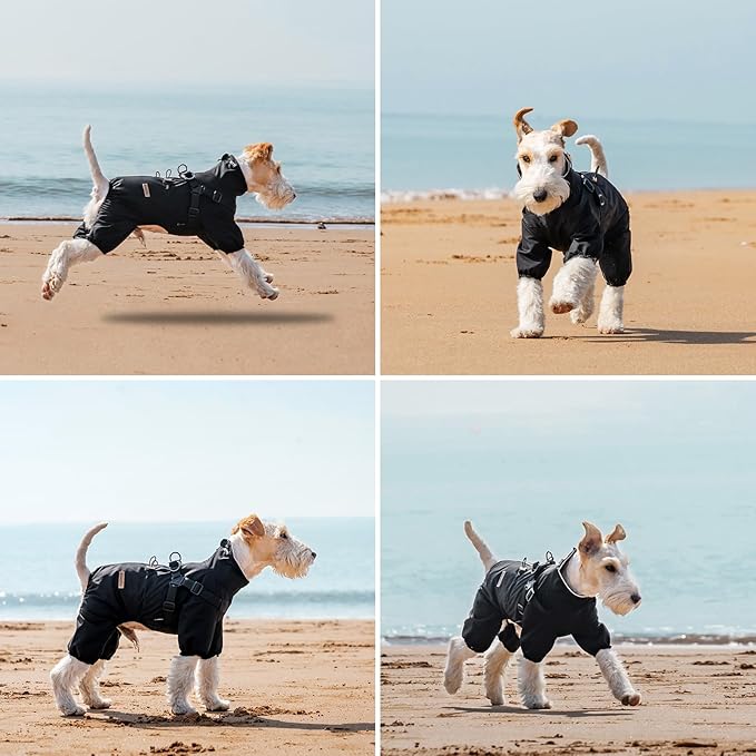 Dog Raincoat with Harness for Small and Medium Dogs, Adjustable Waterproof Dog Rain Jacket,Reflective Rainproof Puppy 4 Legs Raincoat-Black,L