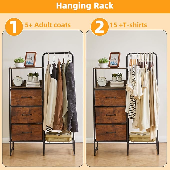 44 '' Tall Garment Rack with 3 Fabric Drawers, 4-Tier Clothing Rack, Coat Hanger with Shoe Shelf & Shelves for Small Spaces, Rustic Brown YD-TM081H