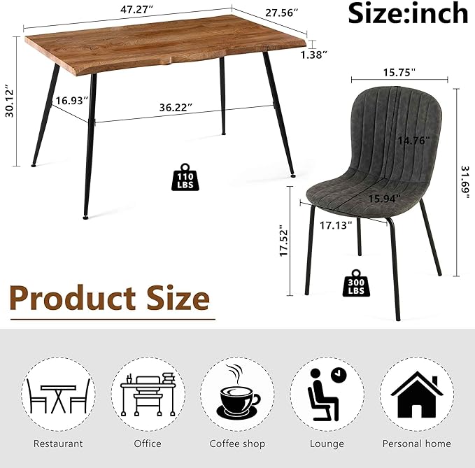 5 Pieces Dining Table Set-Home Kitchen Dining Room Table Set, Solid MDF Dining Table with Irregular Tabletop, 4 PCS Vintage PU Dining Chairs Dark Grey Accent Chairs