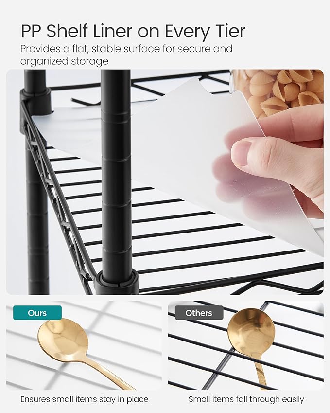 SONGMICS 5-Tier Bathroom Shelf, Storage Rack for Small Space, with 5 PP Shelf Liners, Removable Hook, Extendable Design, Ink Black and Translucent ULGR23BK