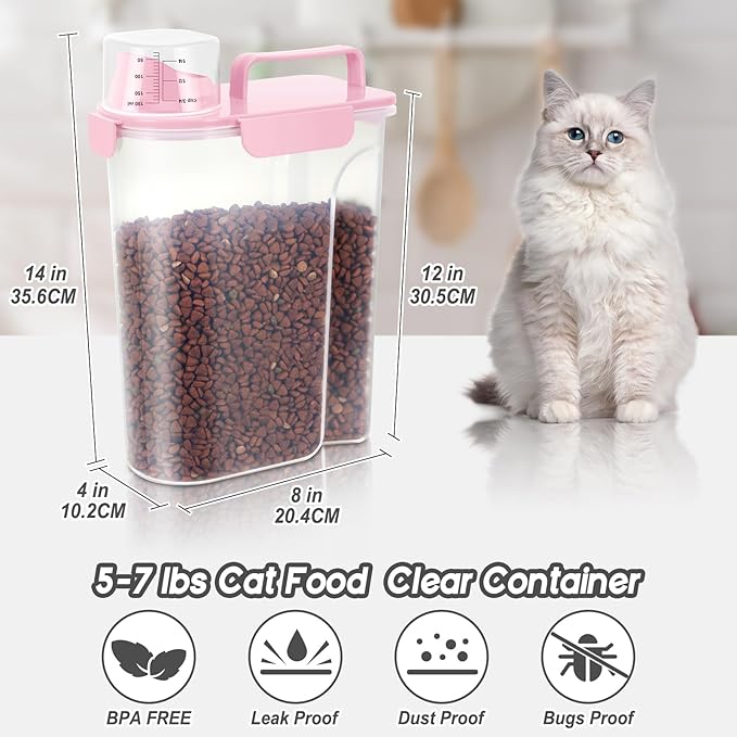 5-7Lbs Dog Cat Food Storage Container with Upgraded Large Nozzle BPA-free, 4 Snap Seals Plastic Pet Food Storage Containers with Handles (2, Light Pink, 5L)