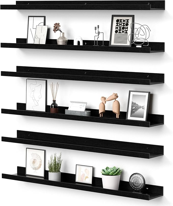 upsimples Floating Shelves for Wall, 35.5 Inch Shelves for Decor Storage Set of 6, Wall Mounted Wood Shelf for Bedroom, Living Room, Bathroom, Kitchen, Long Picture Ledge Shelves, Black