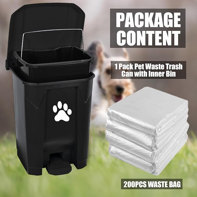 tebiete Dog Poop Trash Can Outdoors Pet Waste Station with Lid Dog Waste Disposal Container with Removable Inner Bin Bucket Hands-Free Pedal Garden Yard Home with Waste Bags, Black