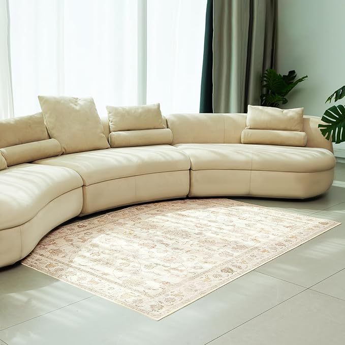6x9 Soft Washable Area Rugs for Living Room and Bedroom, Non-Slip Stain Resistant Indoor Carpet, Cozy Floor Mat for Dining Room, Office, Under TableStain Resistant Persian Beige Floral